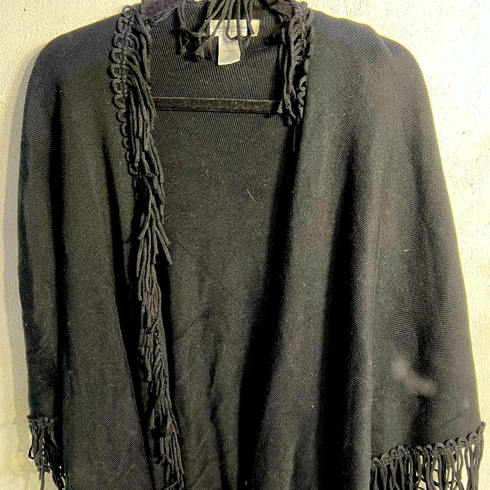 Coldwater Creek pancho cape black with fringe trim